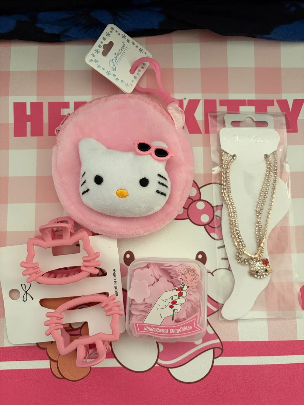 Hello Kitty Pink Plush Coin Purse and Matching Pink Accessories Set